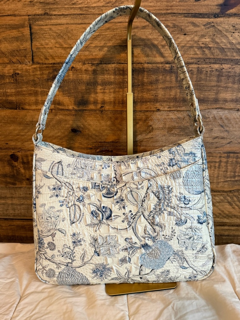 Brahmin Cream and Blue Floral Embossed Shoulder Bag - Picture 5 of 14